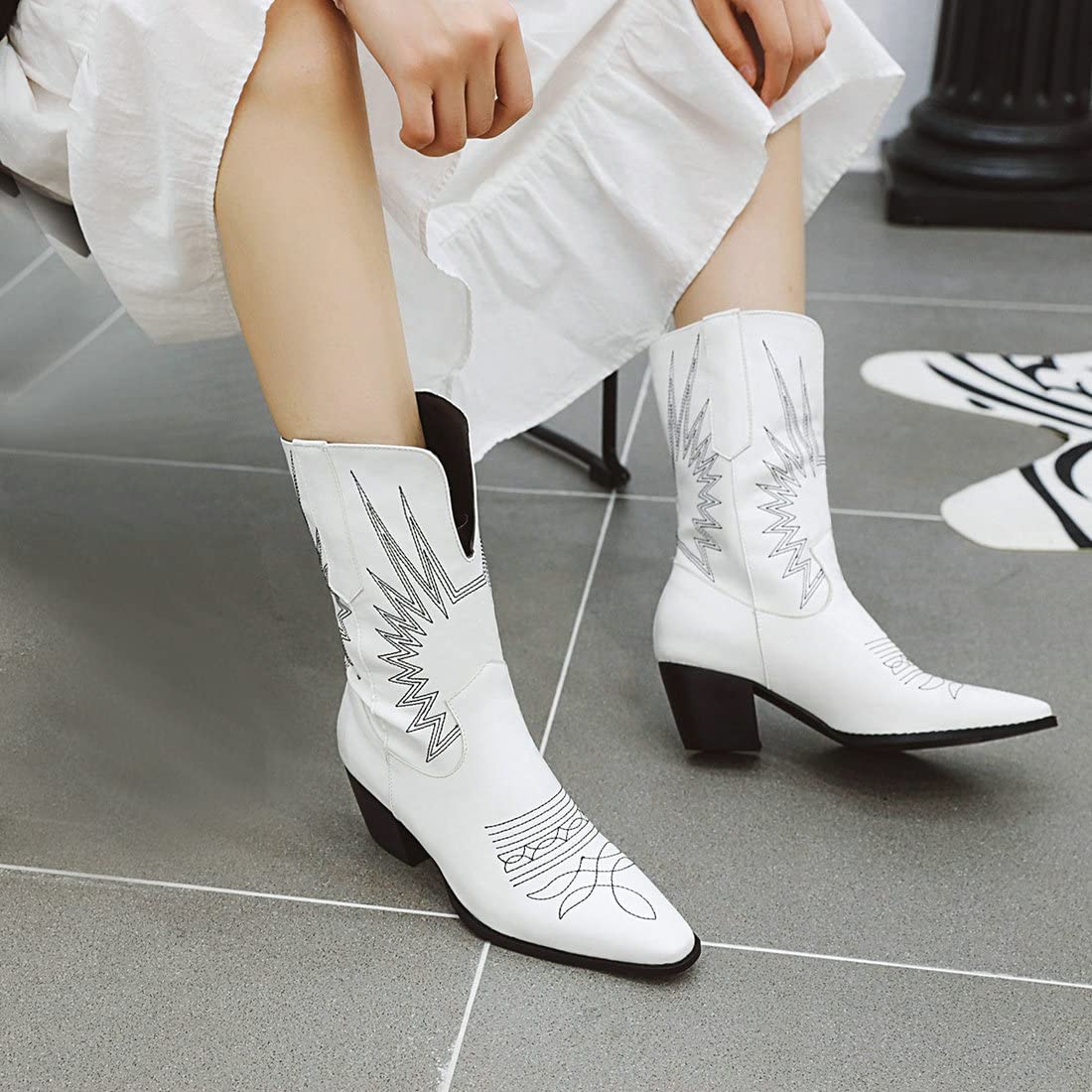 Vintage Embroidered Cowgirl Boots for Women - Western Pull-On Mid Calf Boots with Stitching Details | Perfect for Country Dancing, Rodeo Events & Western Fashion Outfits
