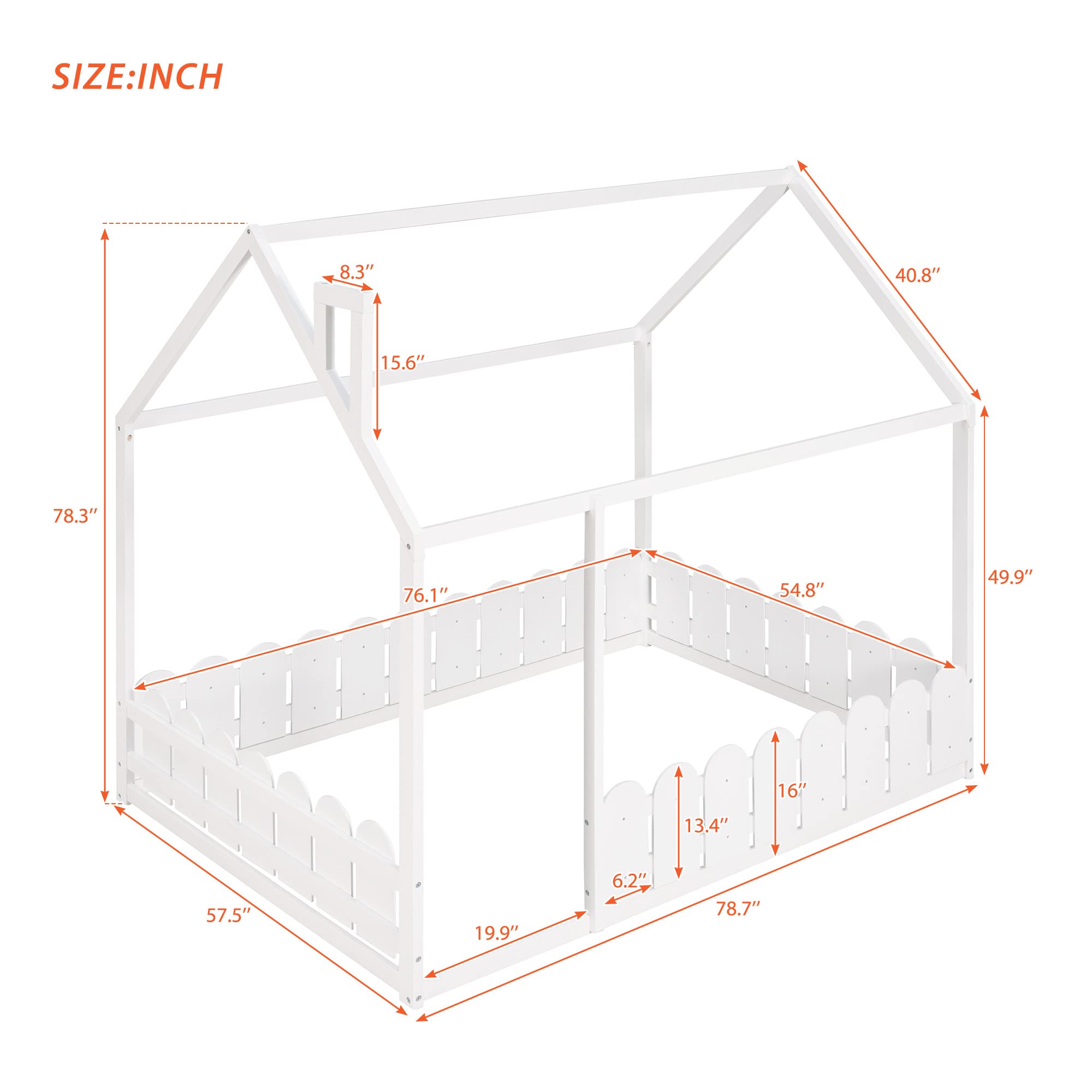 LZ LEISURE ZONE Full Size Wooden House Bed Frame with Roof & Fence - White - Kids Playhouse Bed for Bedroom, Nursery or Playroom Decor