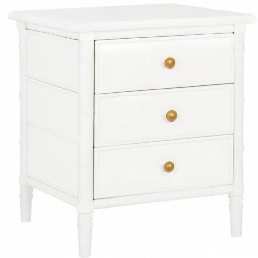 Modern Coastal 3-Drawer White Bamboo Nightstand - Contemporary Nautical Wood Bedside Table for Beach House, Guest Room & Bedroom Decor