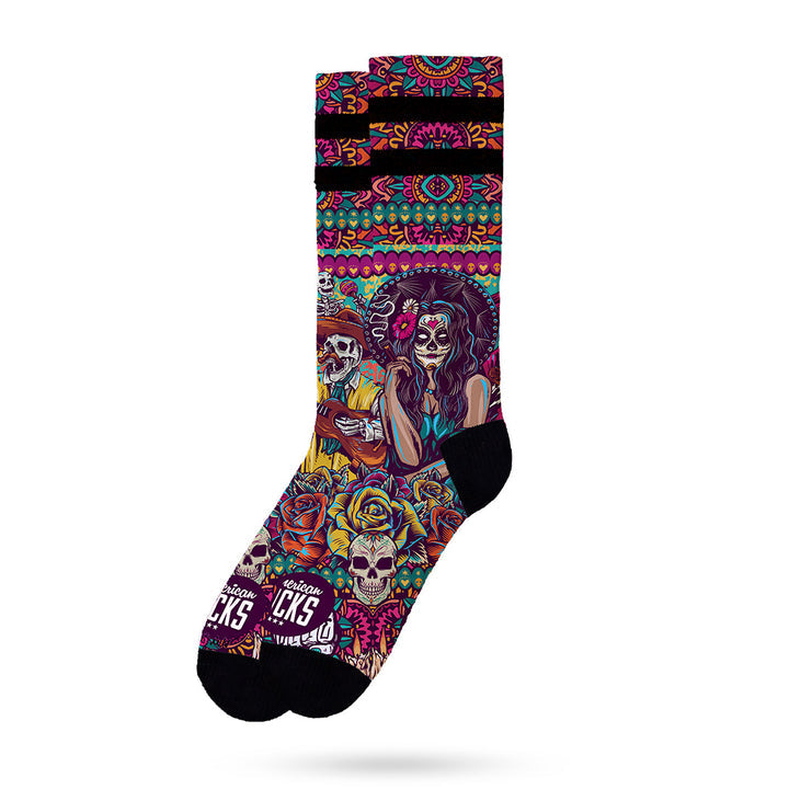 American Socks Signature Dia De Los Muertos Mid High Socks - Colorful Mexican Day of The Dead Design for Halloween, Cosplay & Everyday Wear
