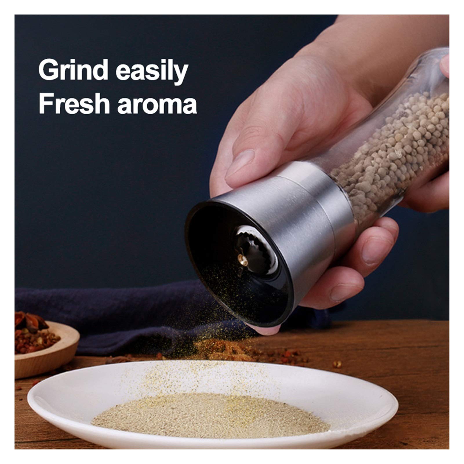 Premium Stainless Steel Salt and Pepper Grinder Set - Manual Adjustable Spice Mill for Kitchen, Herb Grinder with Glass Spice Jar Containers - Perfect for Cooking, Baking, and Seasoning Dishes