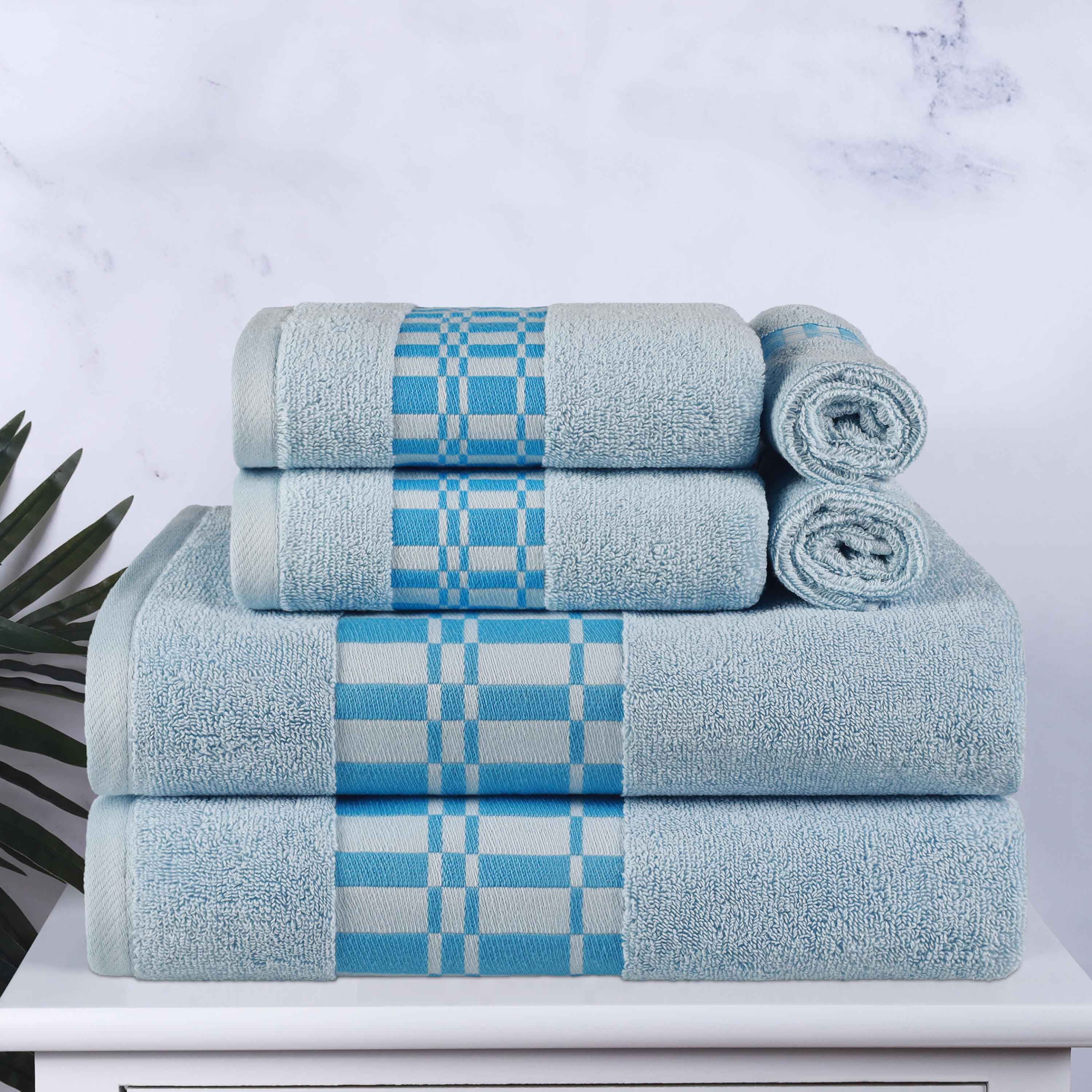 Larissa Cotton Geometric Embroidered Border 6-Piece Bath Towel Set | Soft & Absorbent Luxury Towels for Bathroom, Spa & Guest Use