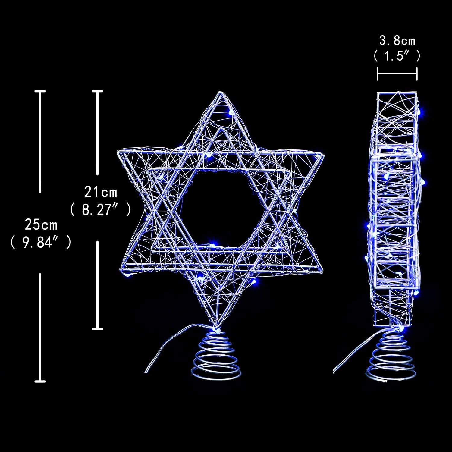 7-Inch Star of David Christmas Tree Topper - Hexagram Metal Ornament with 20 Blue LED Lights, Battery Powered with Timer - Perfect for Xmas Tree, Hanukkah, New Year & Holiday Decorations - Ideal Gift for Jewish Families & Festive Home Decor