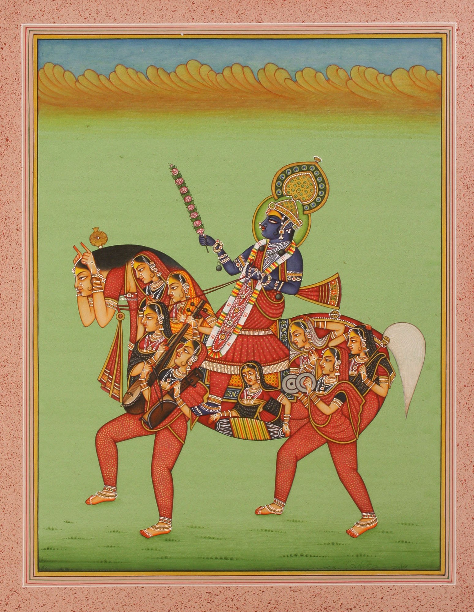 King Riding a Horse with Maidens - Watercolor Painting on Paper by Artist Kailash Raj - Perfect for Home Decor, Office Art & Gift Giving