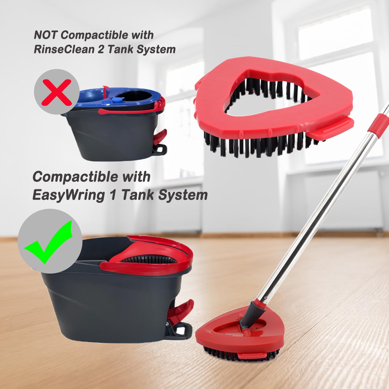 2 Pack Spin Mop Replacement Brush Heads - Stiff Bristle Scrub Brush Compatible with 1 Tank System Mops - Heavy Duty Floor Scrubber for Kitchen, Bathroom, Tile, Tub & Carpet Cleaning - Perfect for Deep Cleaning Floors & Tough Stains