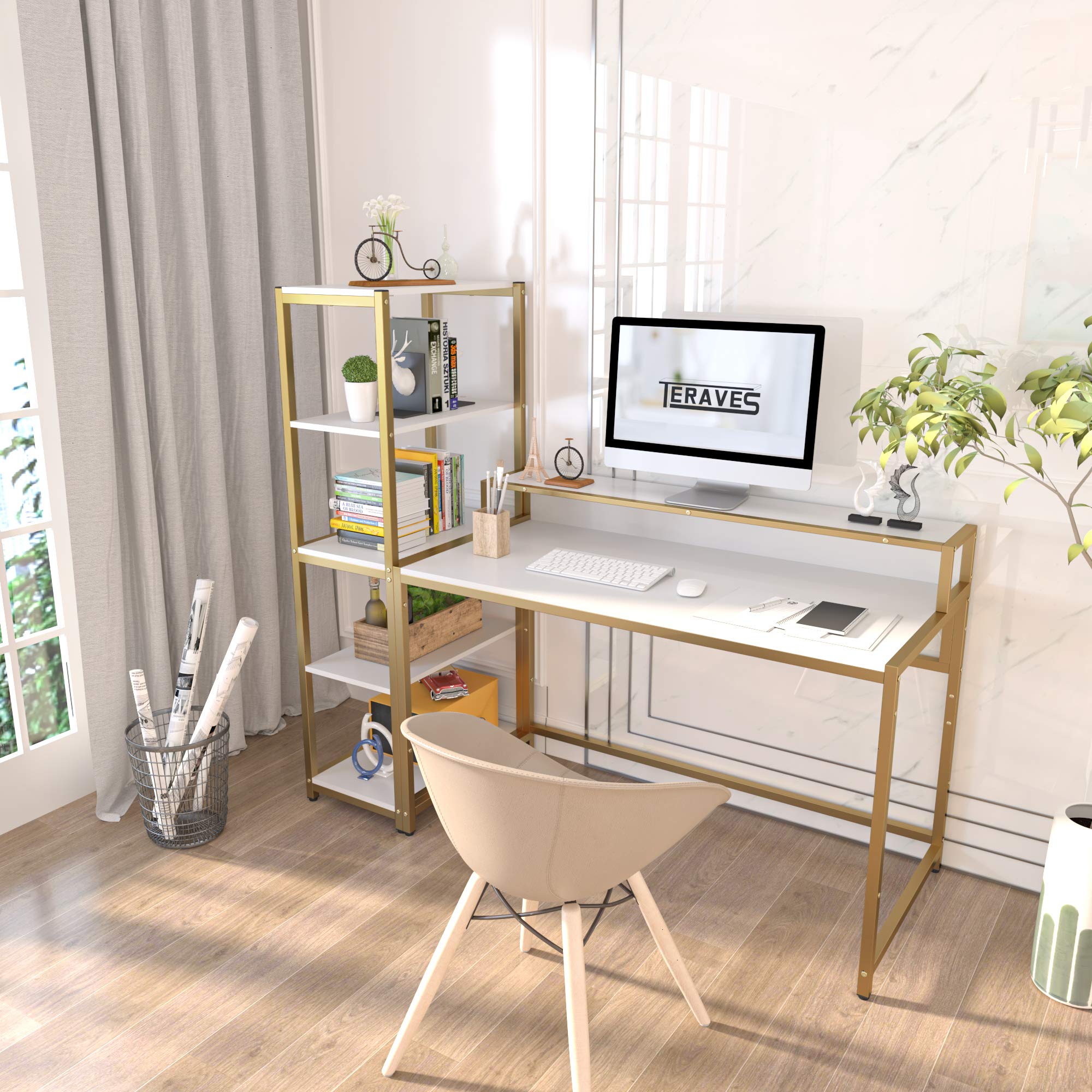Teraves 33 Inch Computer Desk with 5 Tier Shelves - Reversible Writing Desk with Storage for Home Office, Study Table & Bookcase - Perfect for Small Spaces, Gaming Setup, and Remote Work