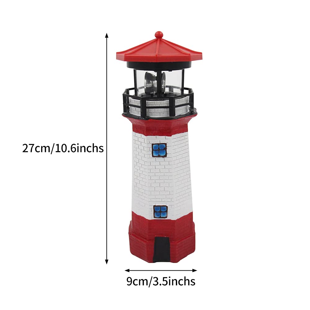 Solar Powered Rotating Lighthouse Garden Statue - 27cm Waterproof Resin Outdoor Decor with LED Light for Yard, Lawn, Patio | Perfect for Coastal Theme Gardens, Pathway Lighting & Nighttime Landscape Decoration (Red)