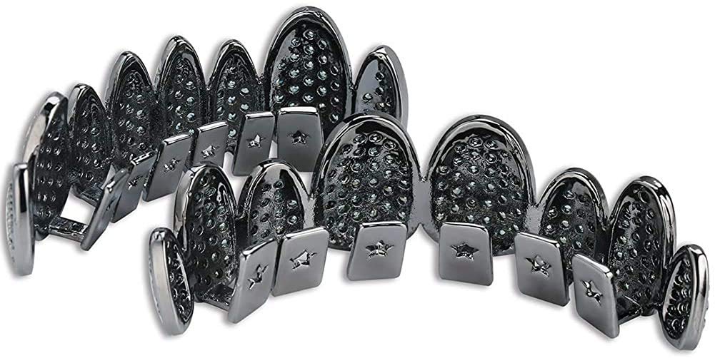 18K Gold Plated Iced Out Simulated Diamond Teeth Grillz with Molding Bars - Luxury Hip Hop Jewelry for Men & Women - Perfect for Parties, Concerts and Rap Performances