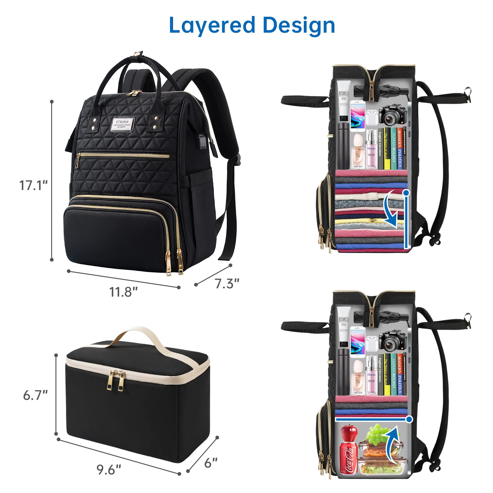 ETRONIK Insulated Lunch Backpack for Women & Men - 15.6 Inch Laptop Backpack with USB Charging Port, Cooler Compartment - Perfect for Work, School, Nursing, Teaching & Travel - Black