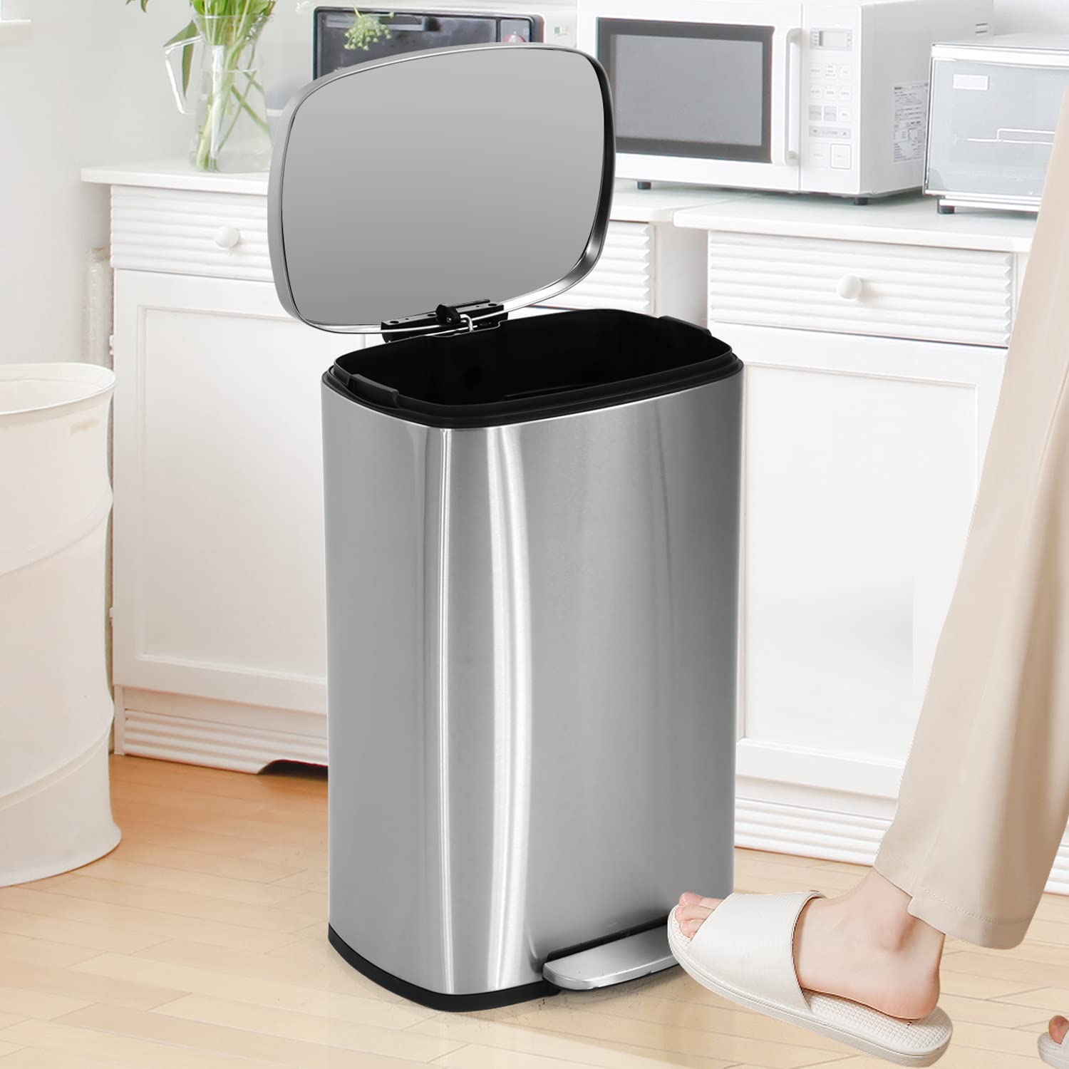 BLKMTY 13 Gallon Stainless Steel Step Trash Can with Lid & Inner Bucket - Pedal Kitchen Garbage Bin for Office & Home Use - Durable Silver Metal Waste Bin for Kitchen, Bathroom & Office Spaces