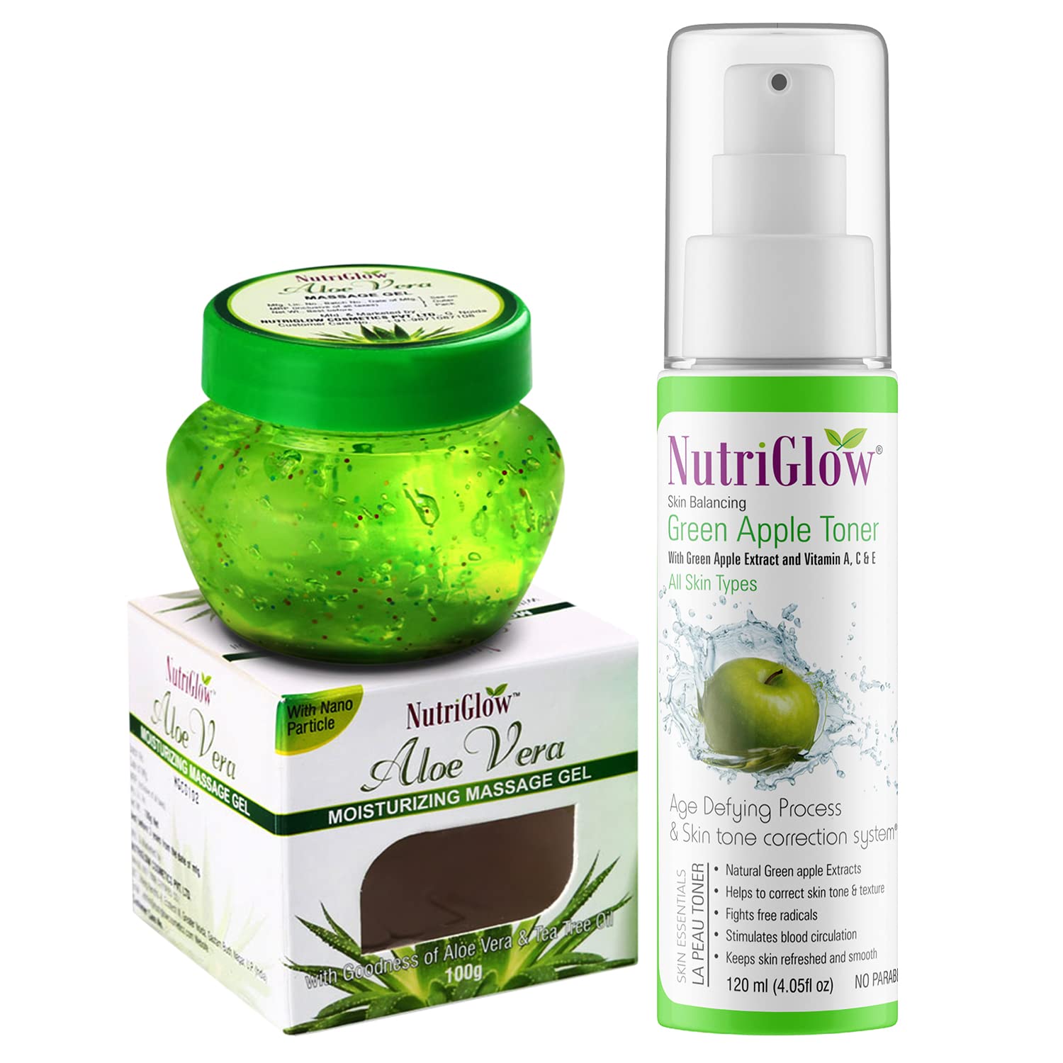 NutriGlow Skin Balancing Green Apple Toner (120ml) & Aloe Vera Moisturizing Gel (100g) Combo Pack for All Skin Types – Hydrating Facial Routine for Dry, Oily & Sensitive Skin – Daily Skincare Duo for Glowing Complexion