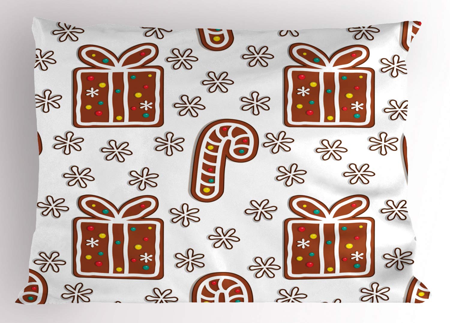 Lunarable Christmas Gingerbread Cookies Themed Pillow Sham - Snowflakes & Baton Design, Decorative Standard Queen Size Printed Pillowcase (30