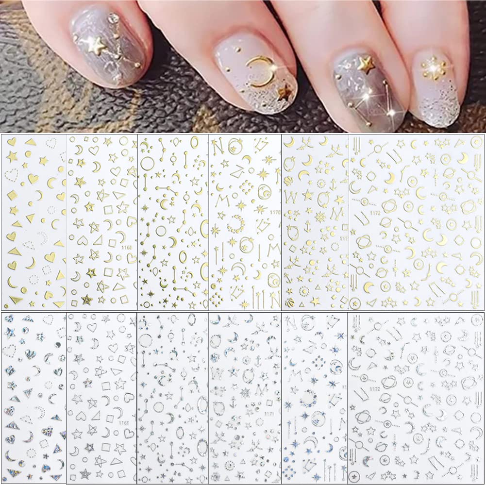 12 Sheets Gold Nail Art Stickers - 3D Self-Adhesive Metallic Stars & Moon Glitter Decals for Women, Girls Manicure - DIY Nail Supplies for Salon, Party, Wedding & Home Nail Art Design