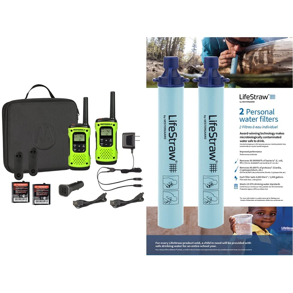 Motorola T605 Talkabout 2-Way Radio 2 Pack Bundle & LifeStraw Personal Water Filter for Hiking, Camping, Travel, Emergency Preparedness - Perfect for Outdoor Adventures, Survival Kits, and Family Safety (Blue, 2 Pack)