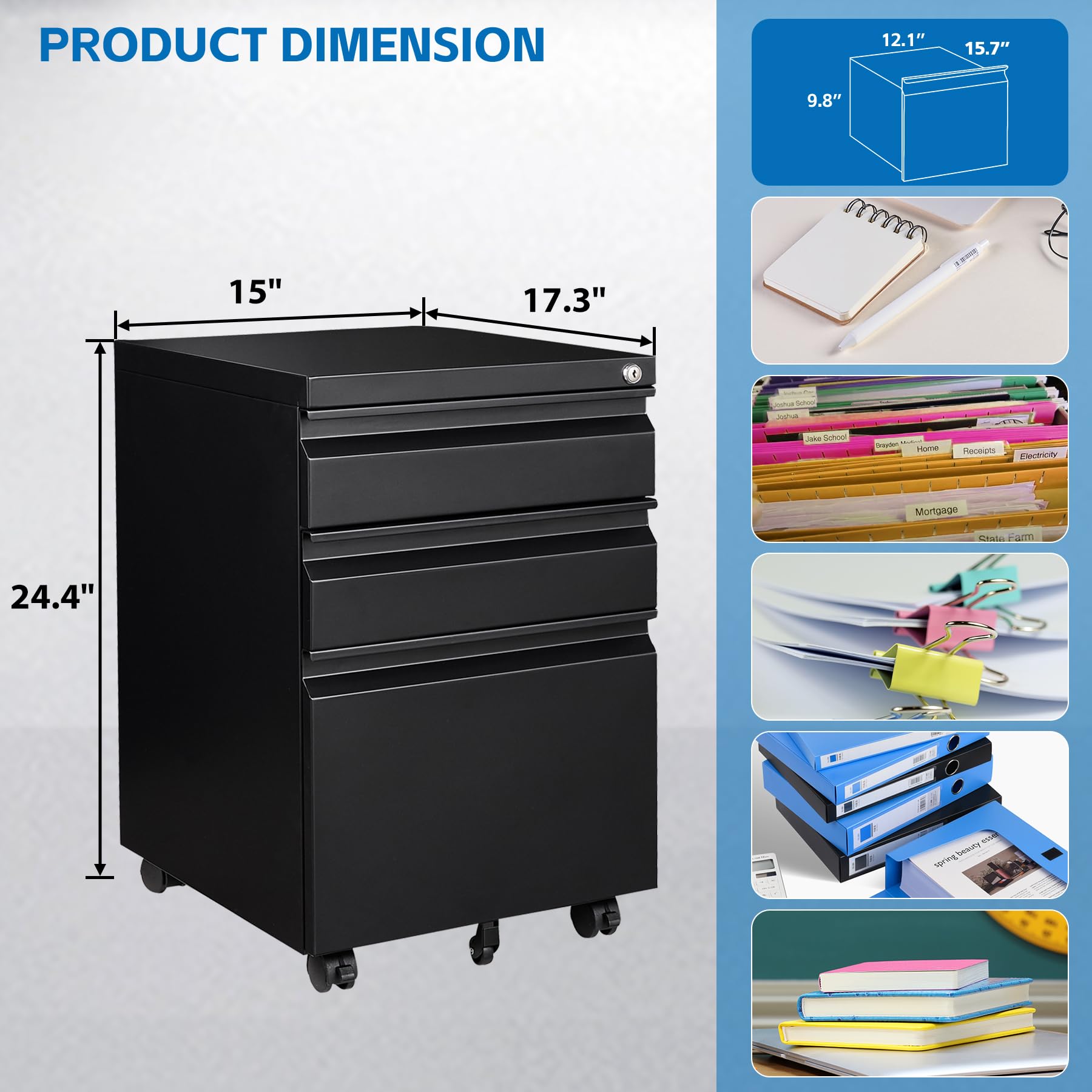 3-Drawer Locking Metal File Cabinet with Wheels - Mobile Vertical Storage for Office & Home, Fully Assembled - Perfect for Organizing Documents, Files, and Office Supplies