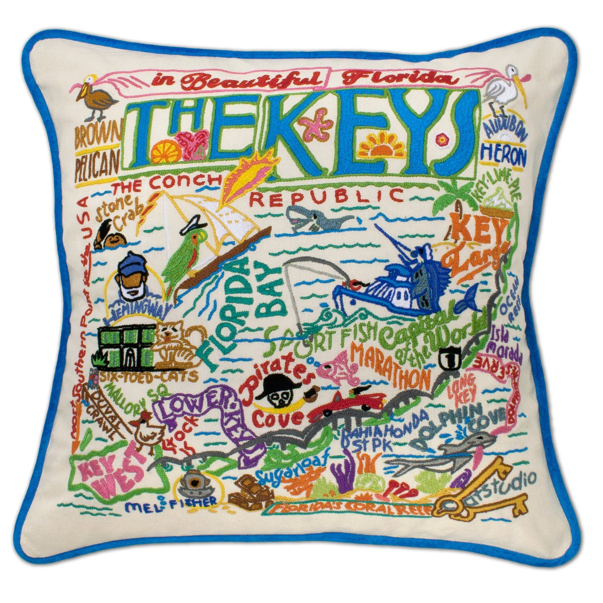 Florida Keys Embroidered Decorative Throw Pillow - Tropical Coastal Home Decor for Sofa, Bed & Porch - Perfect Beach House Accent Pillow