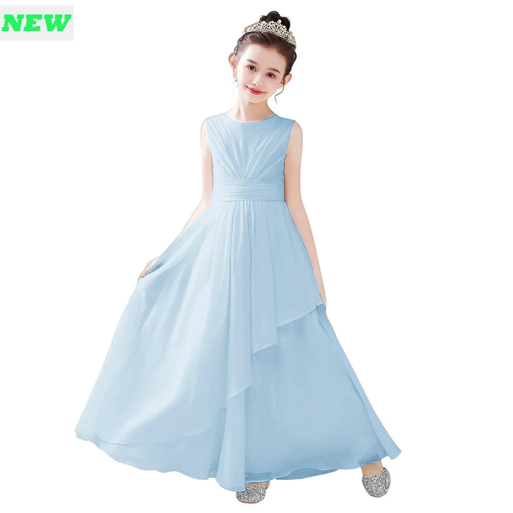 Elegant Purple Chiffon Flower Girl Dress - Sleeveless Pleated Wedding Party Gown for Kids | Perfect for Bridal Showers, First Communion & Special Occasions