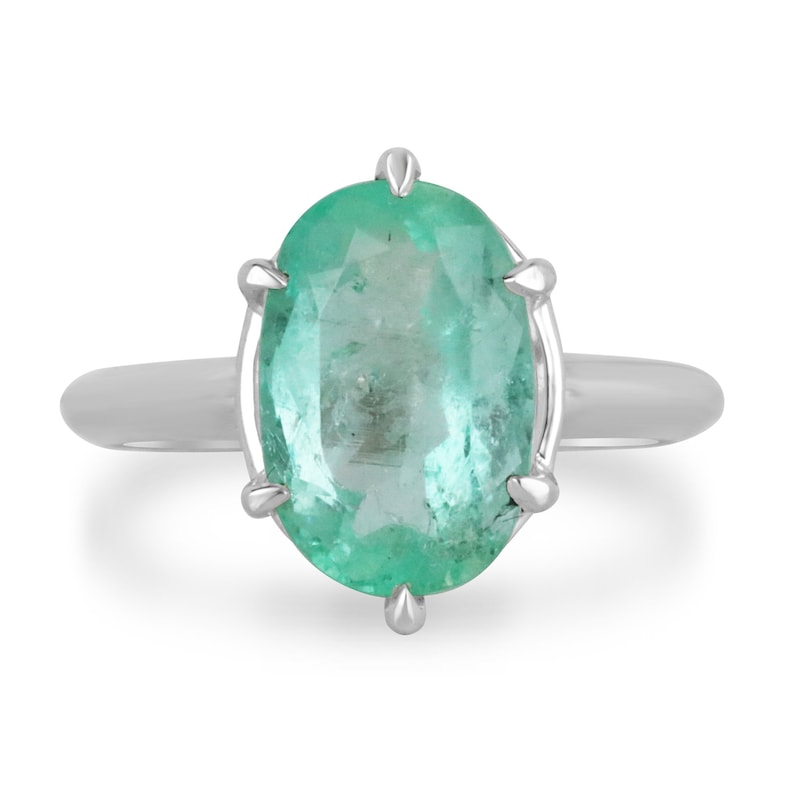 3.55ct Oval Cut Emerald Solitaire Ring in 14K White Gold with 6 Prong Setting - Perfect for Engagement, Wedding & Anniversary Gifts
