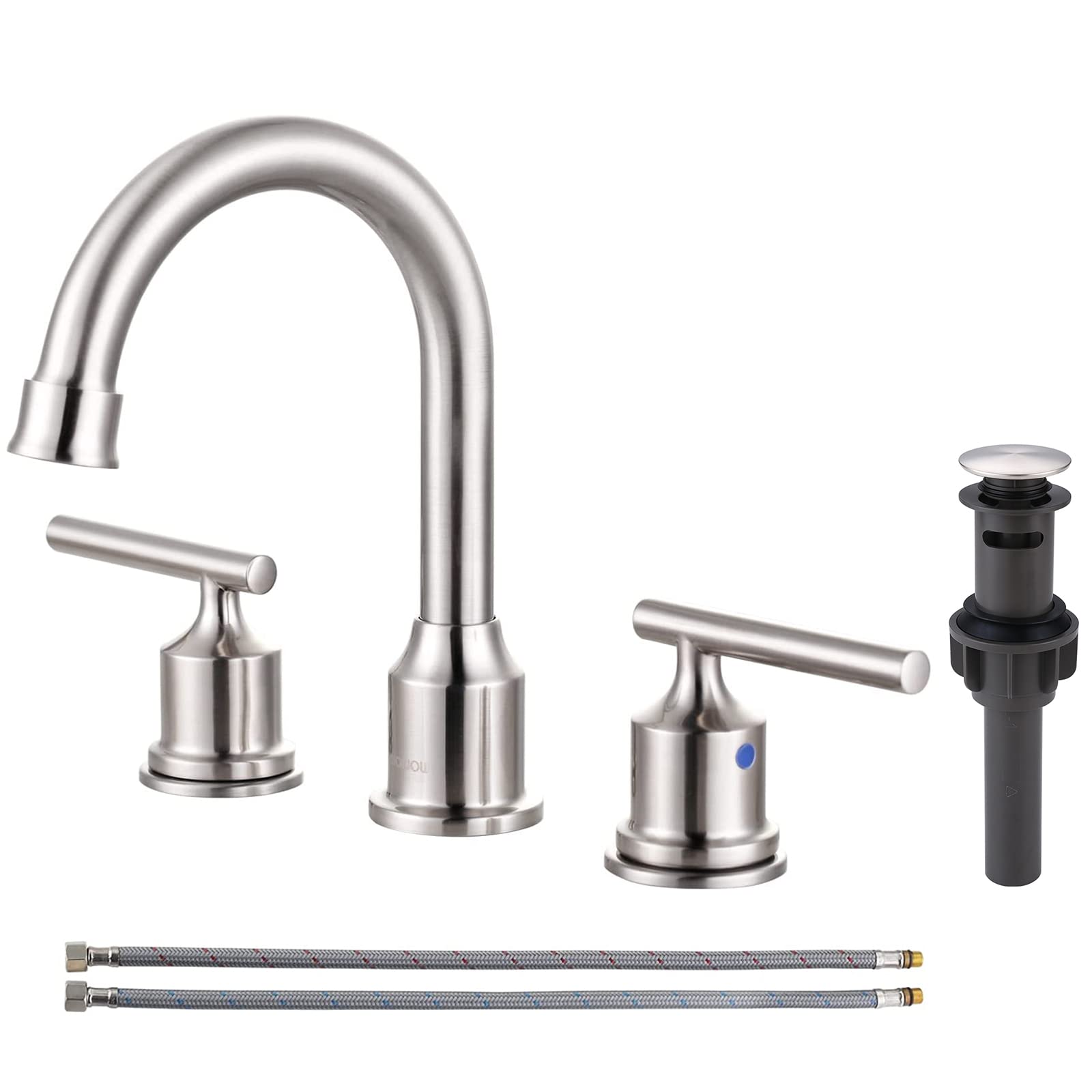 WOWOW 8 Inch Brushed Nickel Bathroom Sink Faucet - 2 Handle 3 Hole Deck Mount Brass RV Faucet with Drain - Perfect for Vanity, Guest Bath & Tiny Home Installations