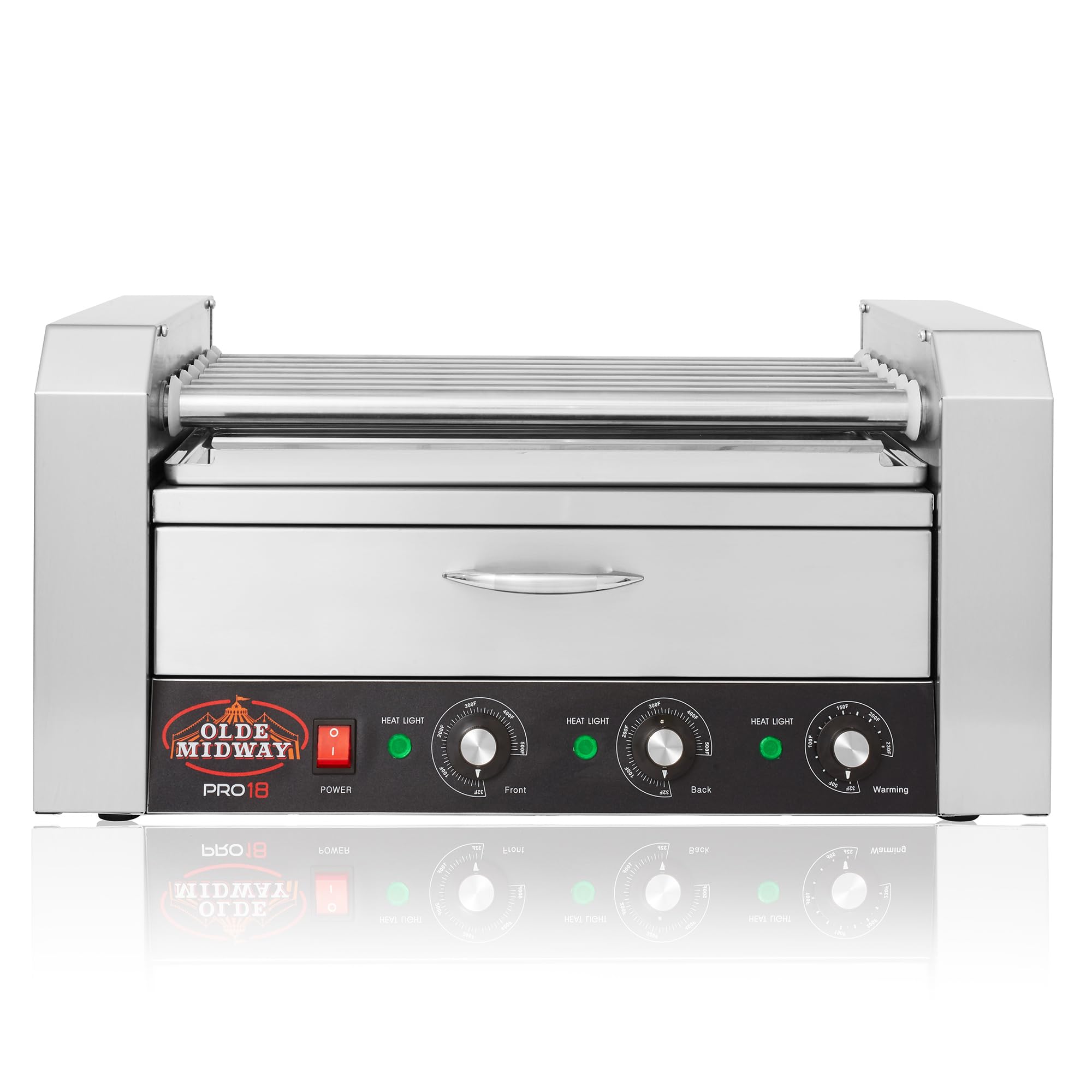 Olde Midway Electric 18 Hot Dog 7 Roller Grill Cooker Machine with Bun Warming Drawer - Commercial Grade Stainless Steel Hot Dog Warmer for Restaurants, Carnivals, and Food Trucks