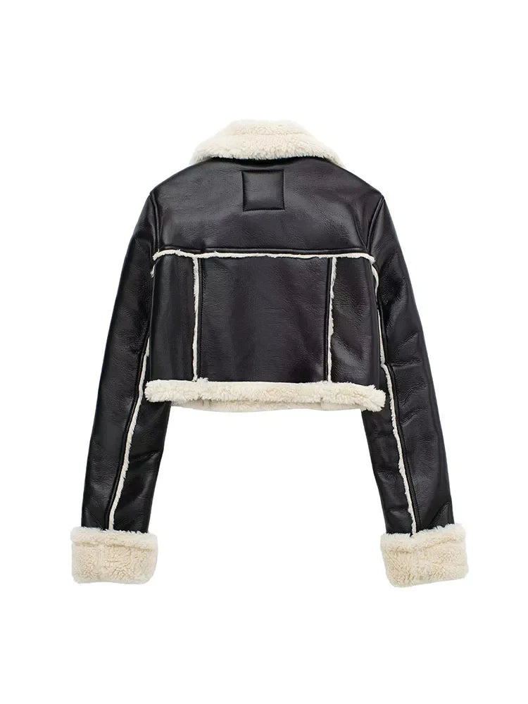 2023 Women's Faux Shearling Cropped Jacket - Vintage Long Sleeve Zip Front Coat, Warm Winter Outerwear for Women | Casual Street Style, Date Night, Office Wear