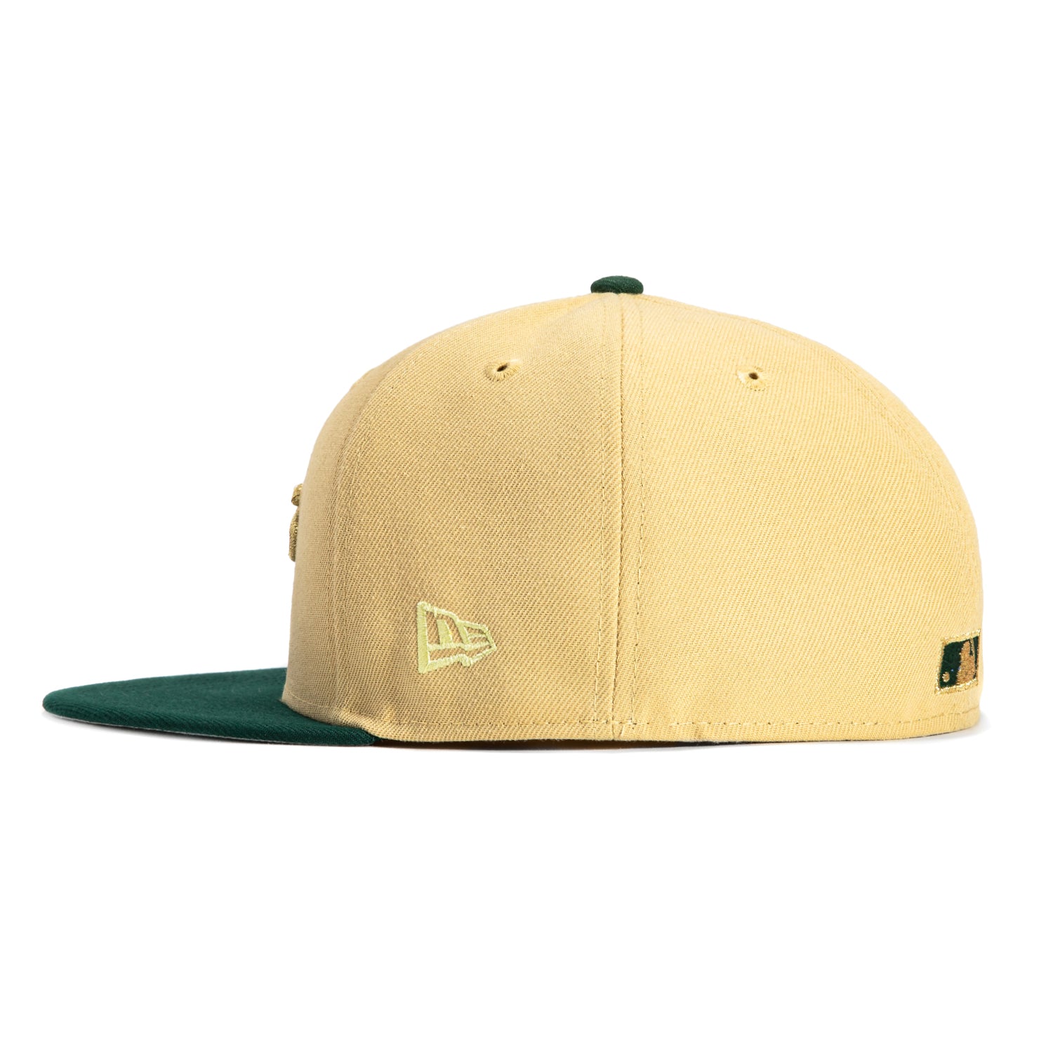 New Era 59Fifty Oakland Athletics Battle of the Bay Patch Snapback Hat - Tan, Green & Metallic Gold - Official MLB Baseball Cap for Fans & Streetwear Fashion
