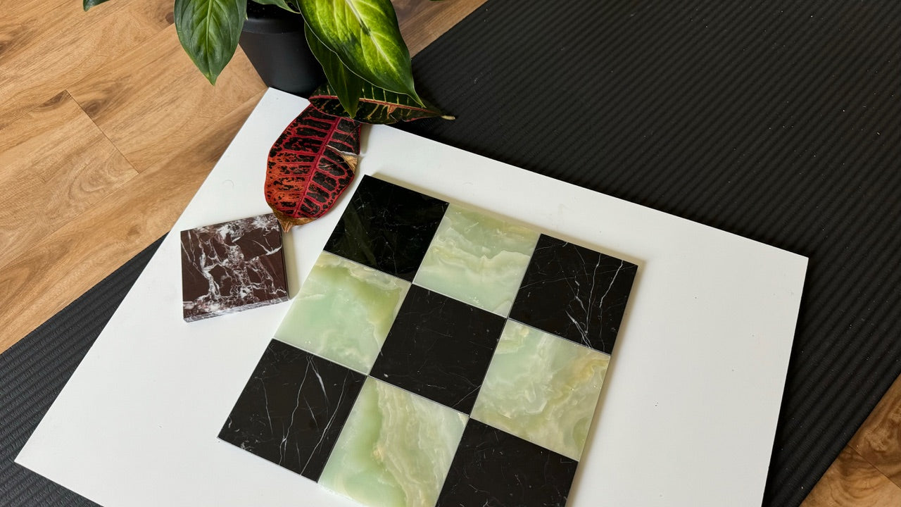 Premium Green Onyx and Nero Marquina Checkerboard Tiles - Polished or Honed Finish for Kitchen Backsplash, Bathroom Flooring, and Commercial Spaces