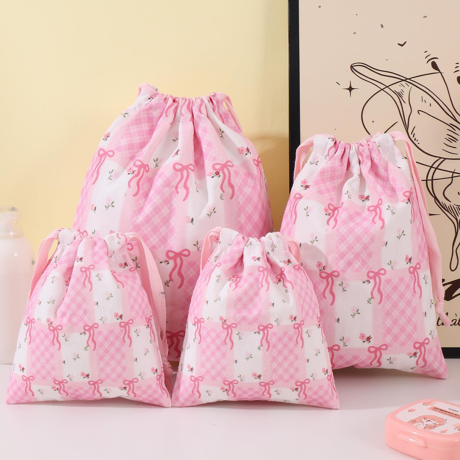 LYDZTION 4-Piece Floral Drawstring Makeup Bags Set - Small Canvas Cosmetic Pouches for Jewelry, Travel & Home Storage - Perfect Gift for Women (Flower Bow Design) - Ideal for Organizing Makeup, Travel Essentials & Small Accessories