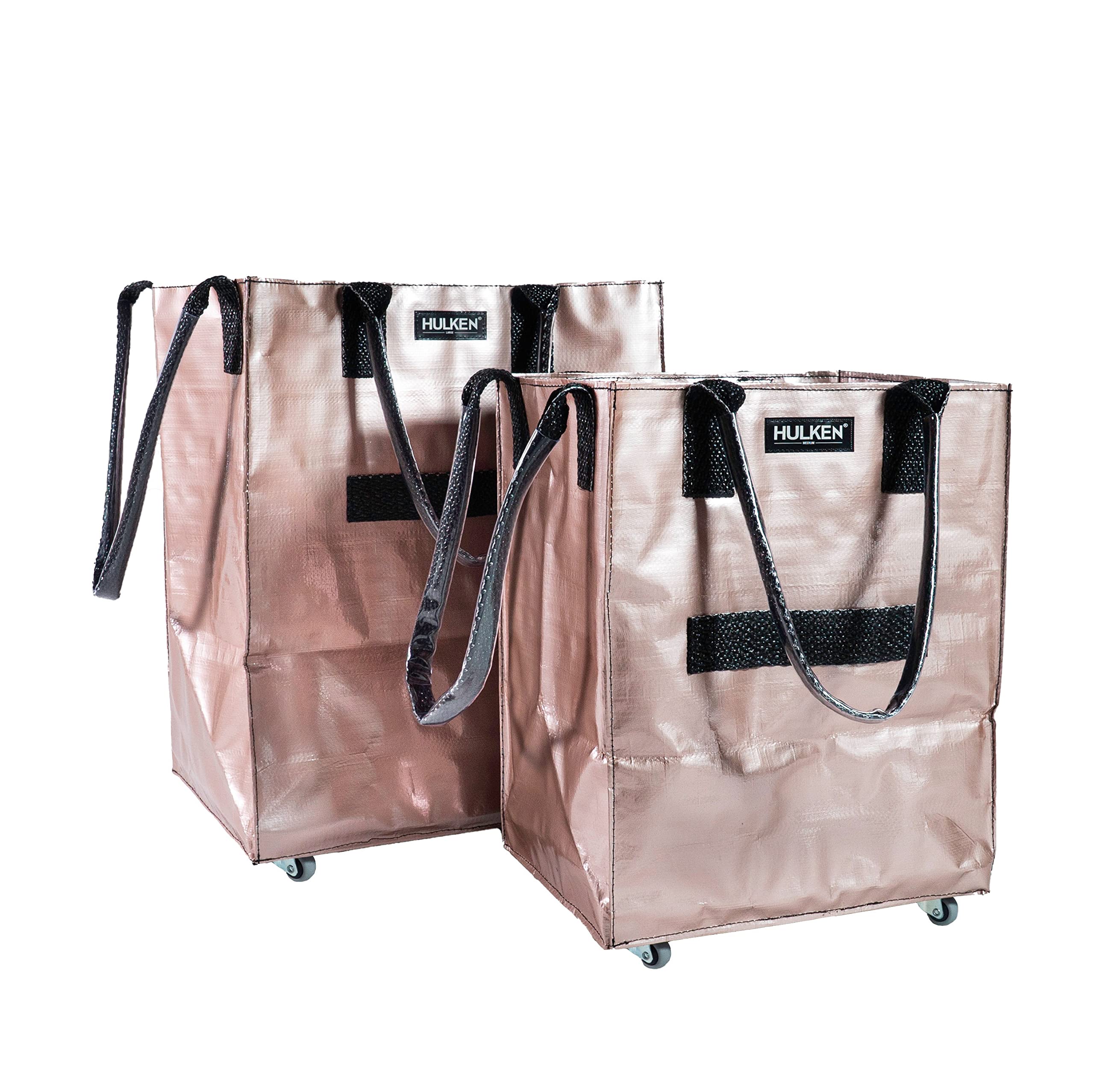 HULKEN Large Rose Gold Reusable Grocery Bag with Wheels - Lightweight Shopping Cart Trolley Holds 66 lbs, Foldable Design & Durable Handles - Perfect for Supermarket Trips, Farmers Markets & Travel
