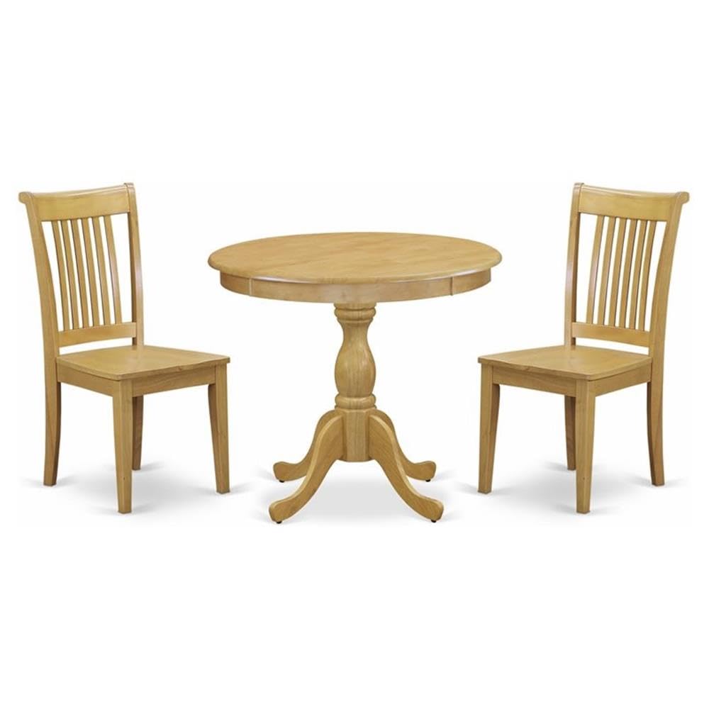 East West Furniture AMPO3-OAK-W 3 Piece Oak Dining Set with Round Pedestal Table & 2 Wooden Chairs, 36x36 Inch - Perfect for Small Spaces, Breakfast Nooks & Cozy Kitchen Dining Areas