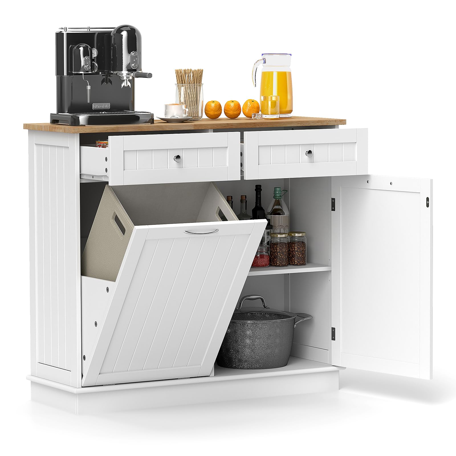 Tilt Out Trash Cabinet - White Kitchen Island with 2 Drawers, Adjustable Shelf & Rubber Wood Countertop | Freestanding Laundry Hamper & Pet Proof Garbage Can Holder with Recycle Bins | Perfect for Small Kitchens, Laundry Rooms & Pet-Friendly Homes
