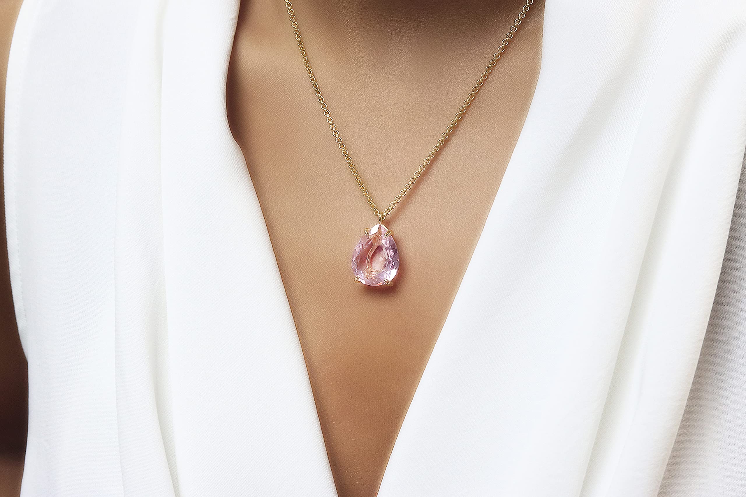 Anemone Statement Pear Rose Quartz Necklace - 14k Gold Pink Gem Pendant for Women | Fashion, Birthstone & Statement Jewelry Gift with Fancy Box | Perfect for Weddings, Anniversaries & Special Occasions