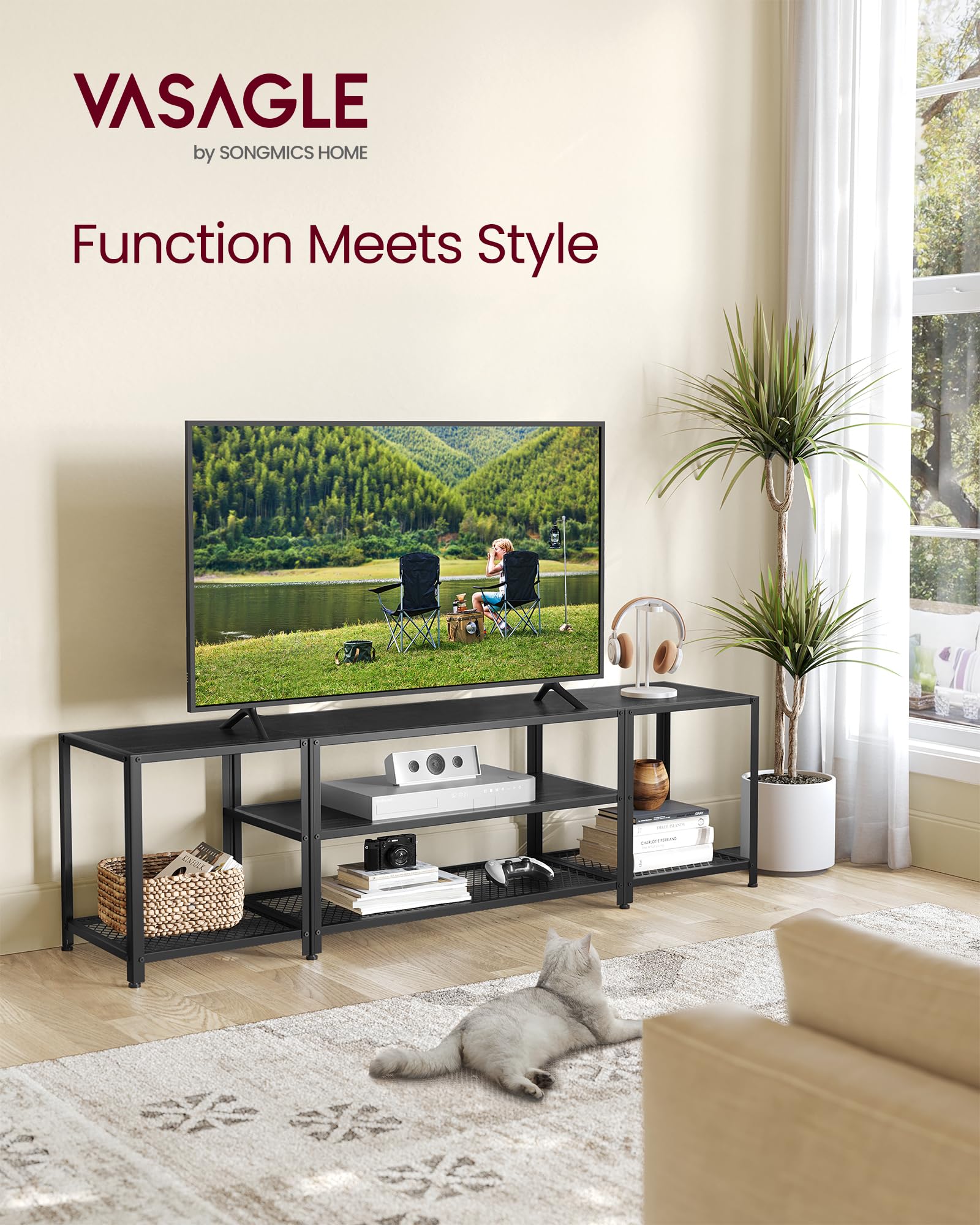 VASAGLE Modern TV Stand for TVs up to 75 Inches, 3-Tier Entertainment Center with Open Storage Shelves, Industrial TV Console Table - Black Wood Grain Finish ULTV098B22 | Perfect for Living Room, Bedroom, Home Theater & Office Setup