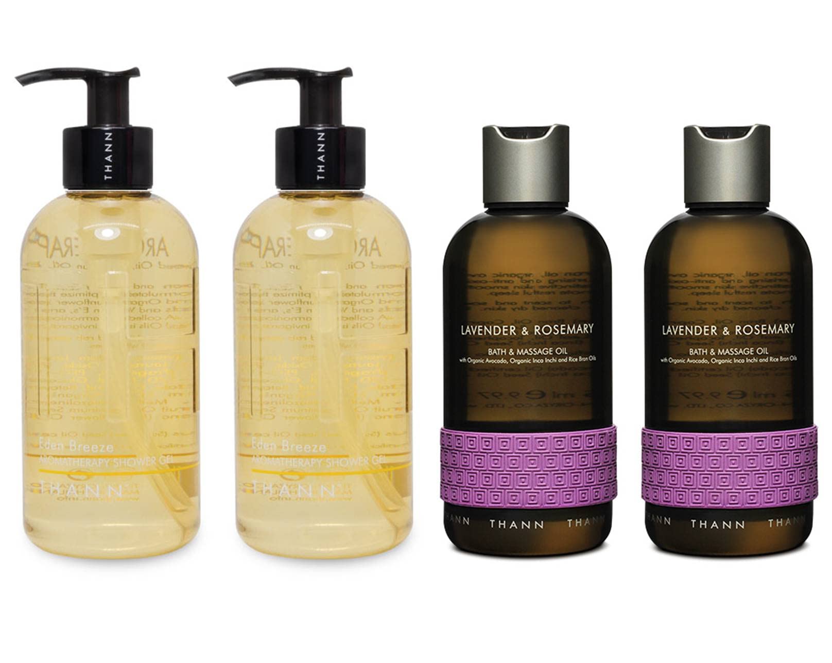 THANN Eden Breeze Shower Gel & Lavender Rosemary Massage Oil Set - Relaxing Aromatherapy Bath & Body Care Gift for Stress Relief & Skin Hydration
