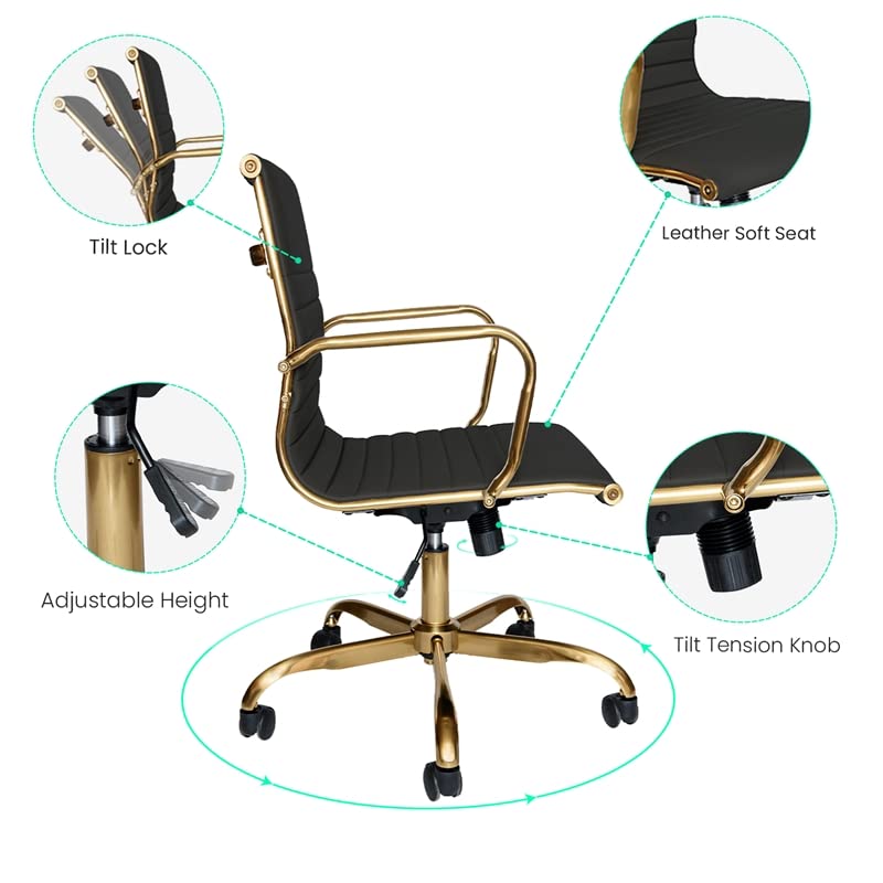 Harris Modern Leather Swivel Office Chair - Black & Gold Executive Desk Chair with Ergonomic Support | Perfect for Home Office, Conference Rooms & Workspaces
