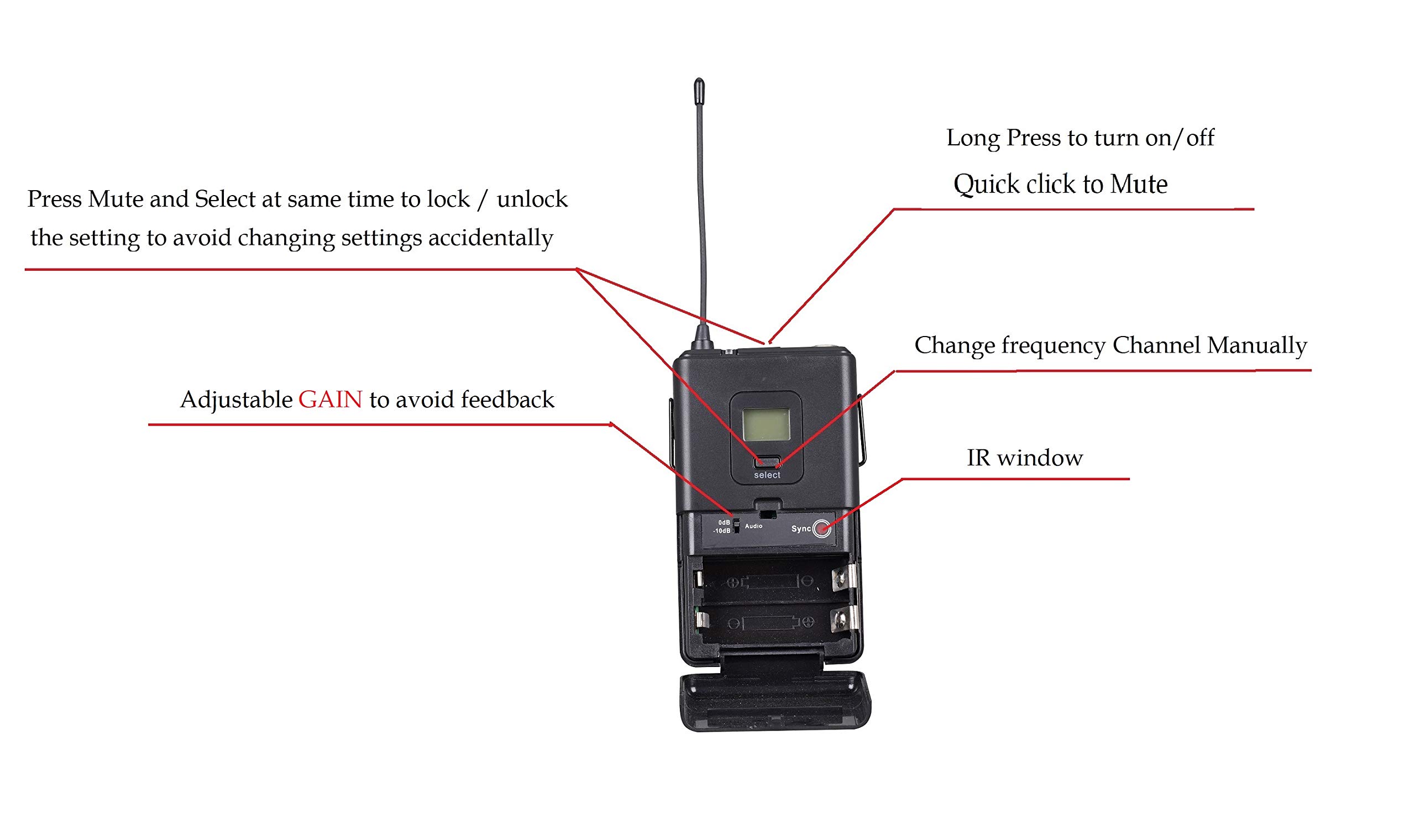 GTD Audio 4-Channel UHF Wireless Microphone System with Adjustable Frequencies - 4 Lavalier/Lapel/Headset Mic Kits (400ft Range) - Ideal for Churches, Conferences, Classrooms & Live Performances