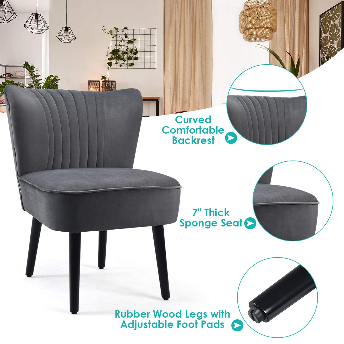 Giantex Velvet Accent Chair Set of 2 - Modern Mid-Century Upholstered Living Room Chairs with Curved Backrest & Padded Seat - Comfy Armless Wingback Slipper Chairs for Bedroom, Lounge & Office Decor