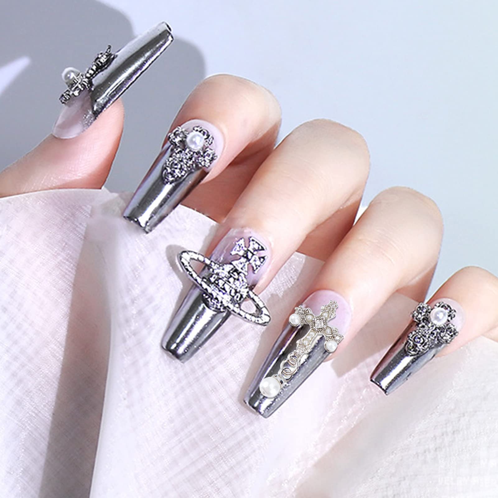 12Pcs 3D Cross Nail Art Charms Kit with Pearls - Mixed Size Antique Style Nail Rhinestones for Women & Girls (Silver) | Perfect for Nail Decorations, DIY Nail Art Designs, and Special Occasion Manicures