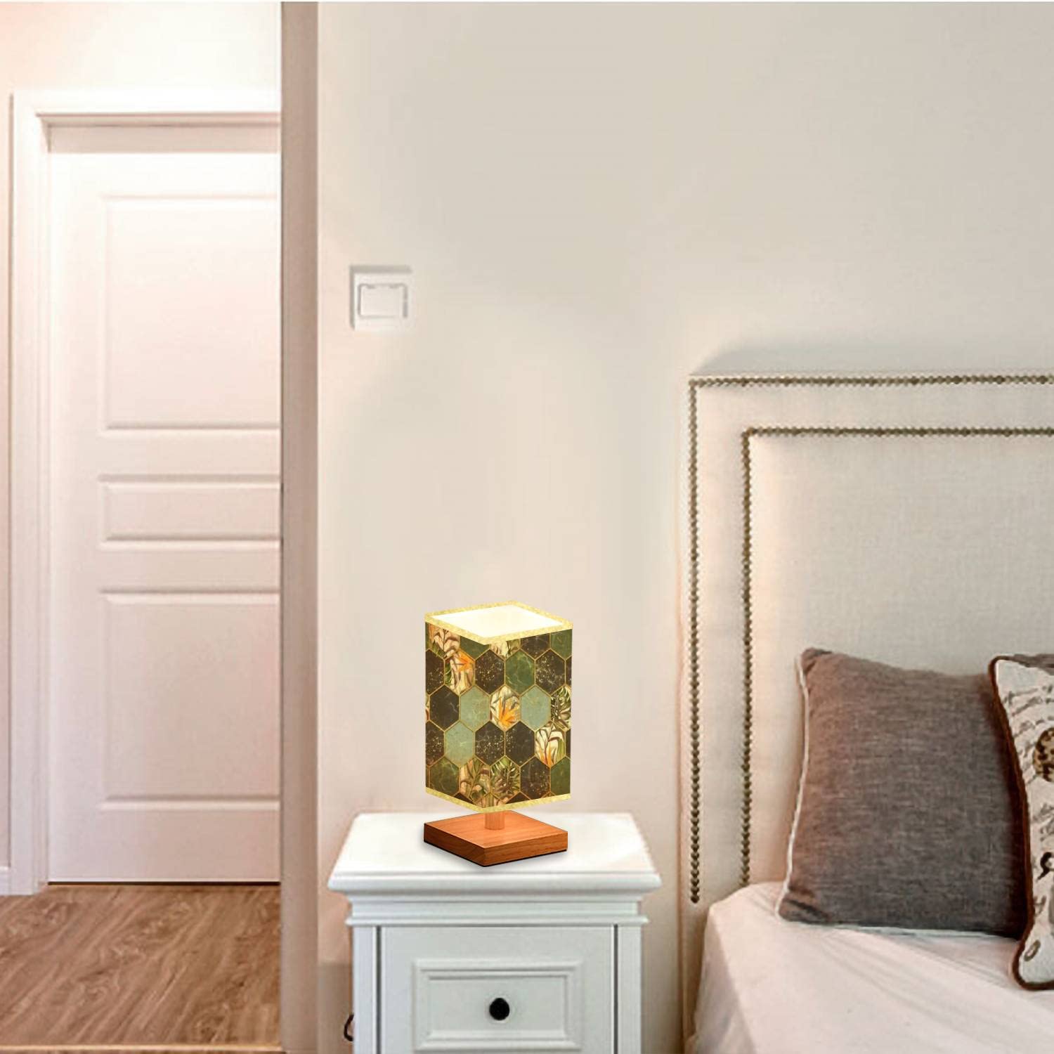 Hexagon Marble Table Lamp with Gold Tropical Plants & Wooden Base - Dimmable Nightstand Lamp with Flaxen Fabric Shade for Bedroom, Living Room, Office - Perfect for Reading, Relaxing & Home Decor