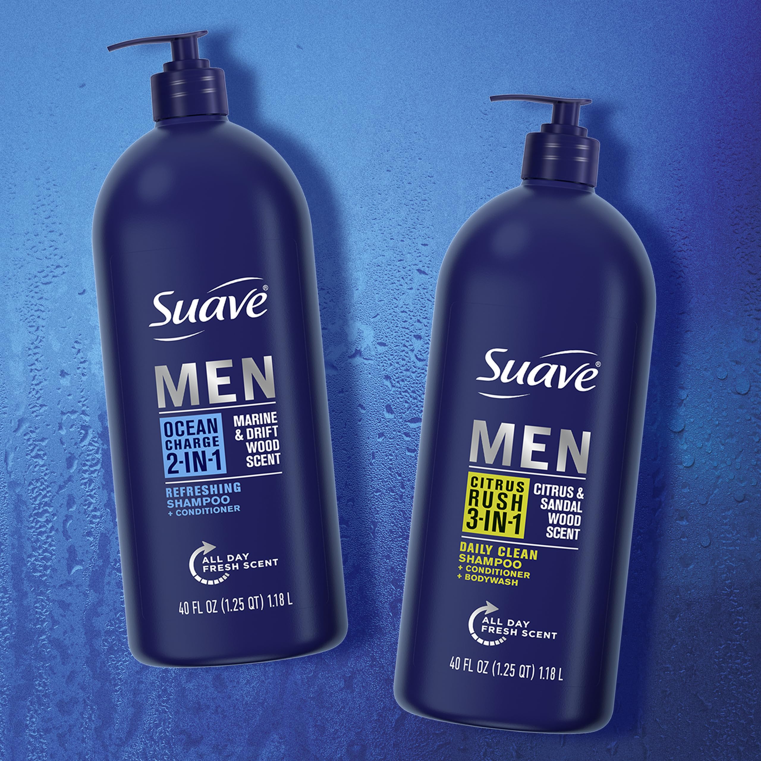 Suave Men's 3-in-1 Shampoo, Conditioner & Body Wash - Citrus & Sandalwood Scent for Hair & Skin Care, 40 oz (Pack of 3) | Refreshing Daily Shower Gel for Gym, Travel & Home Use