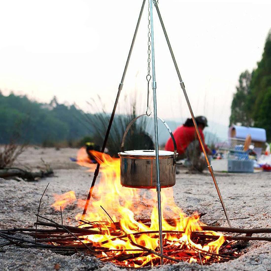 Portable Adjustable Camping Tripod Stand with Dutch Oven & Grill - Compact Outdoor Cooking Tripod Set for Campfire, Backpacking, BBQ - Includes Storage Bag & Lantern Hanger (Perfect for Camping, Hiking, Picnics & Outdoor Adventures)