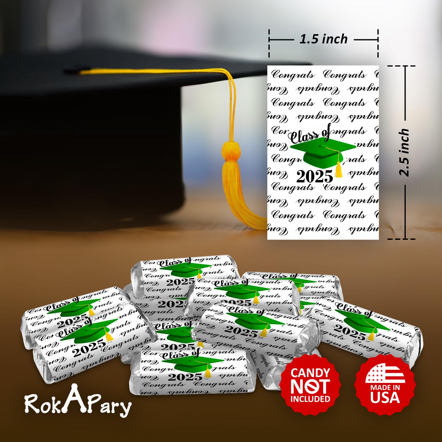 60pcs Class of 2025 Graduation Cap Mini Candy Bar Wrappers - Green DIY Chocolate Bar Stickers & Labels (Candy Not Included) | Made in USA | Perfect for Graduation Parties, School Events & Celebration Favors