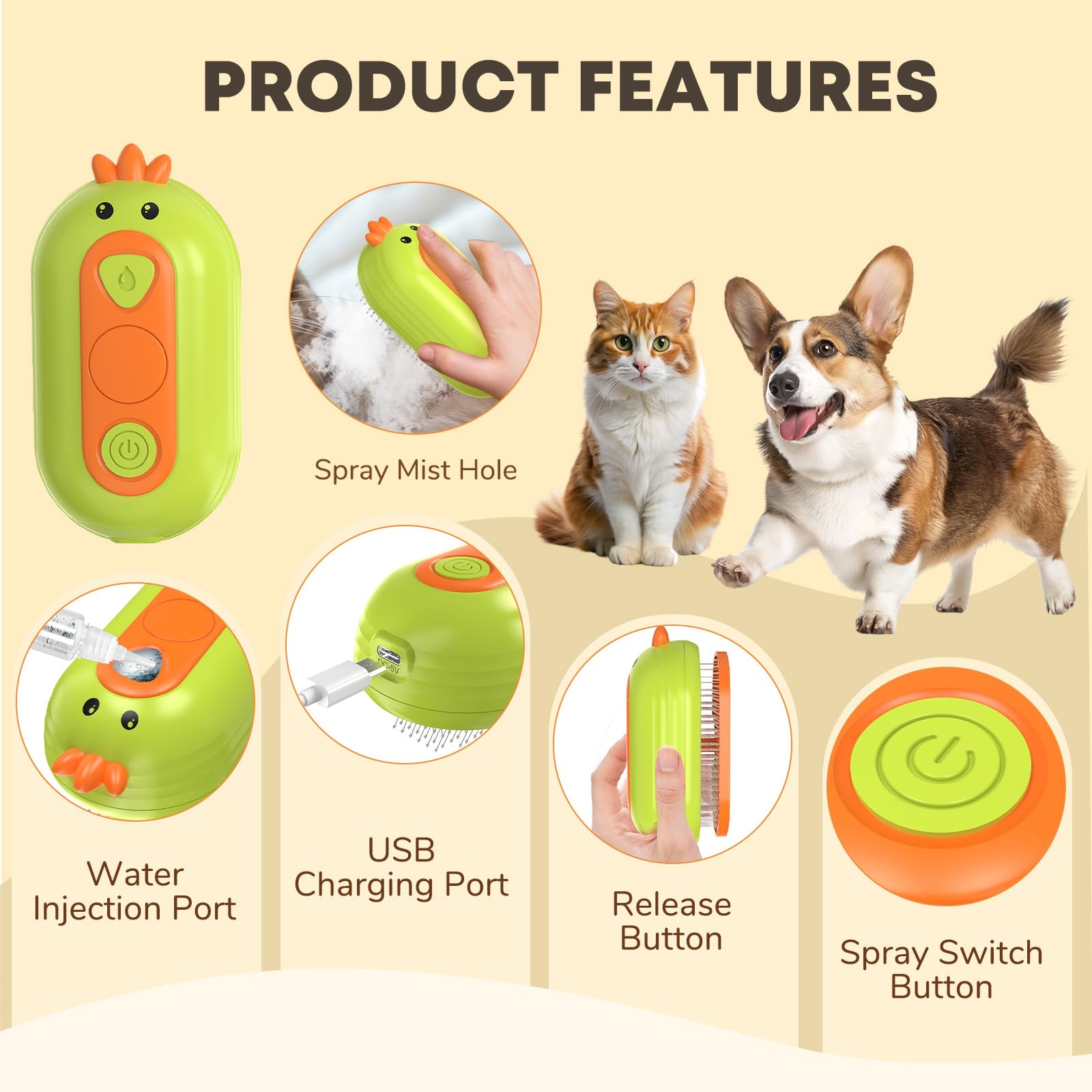Rechargeable Cat Steam Brush for Shedding - 3-in-1 Self Cleaning Deshedding Tool with Steam for Long & Short Haired Cats & Dogs | Gentle Grooming Brush with Release Button | Perfect for Home Pet Care & Reducing Hairballs