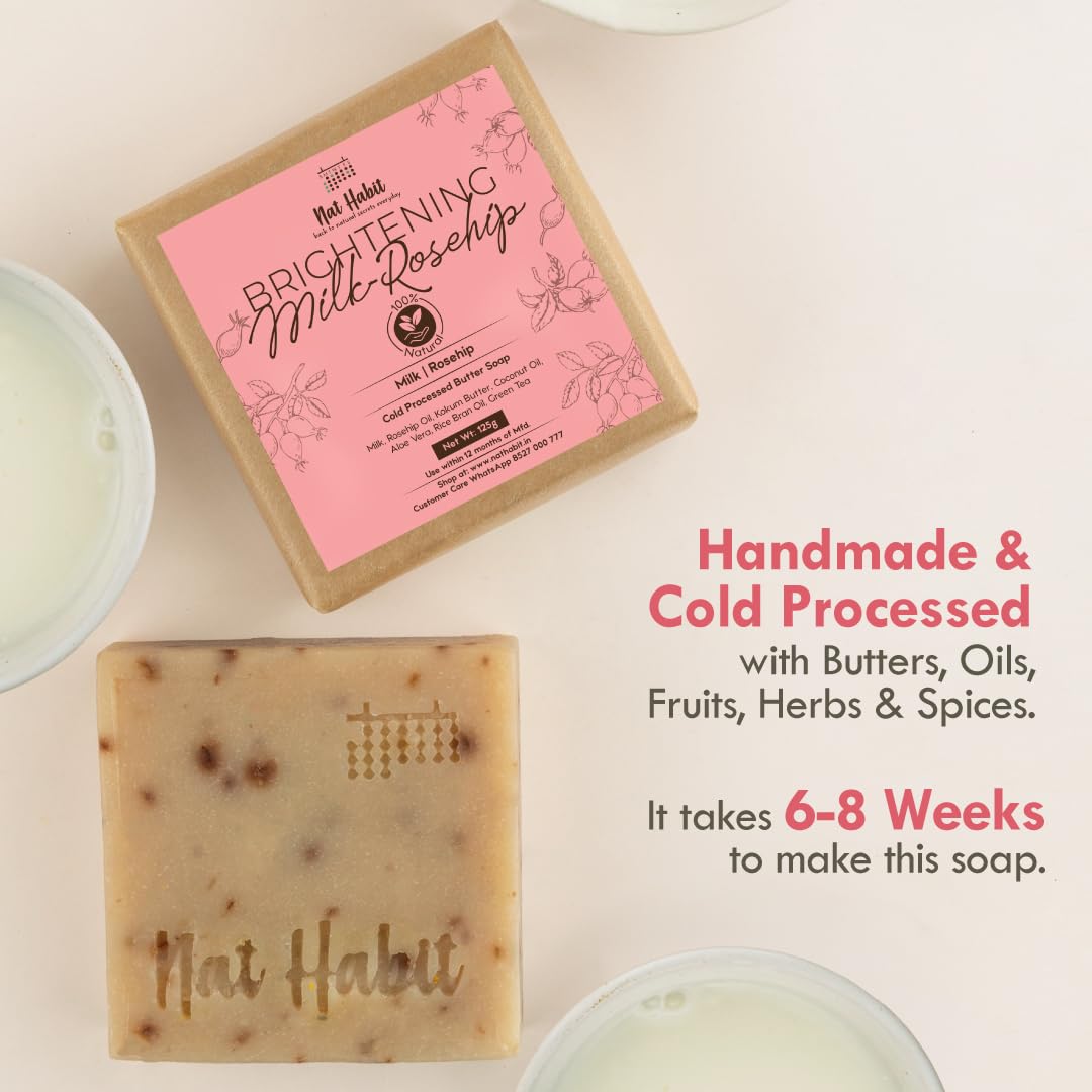 Nat Habit Brightening Milk & Rosehip & Soothing Sandalwood Bath Soap Combo - Enriched with Vitamin C, Handmade for Women & Men - Skin Exfoliation, Cleansing & Nourishing (125g) - Perfect for Daily Skincare & Relaxing Bath Time