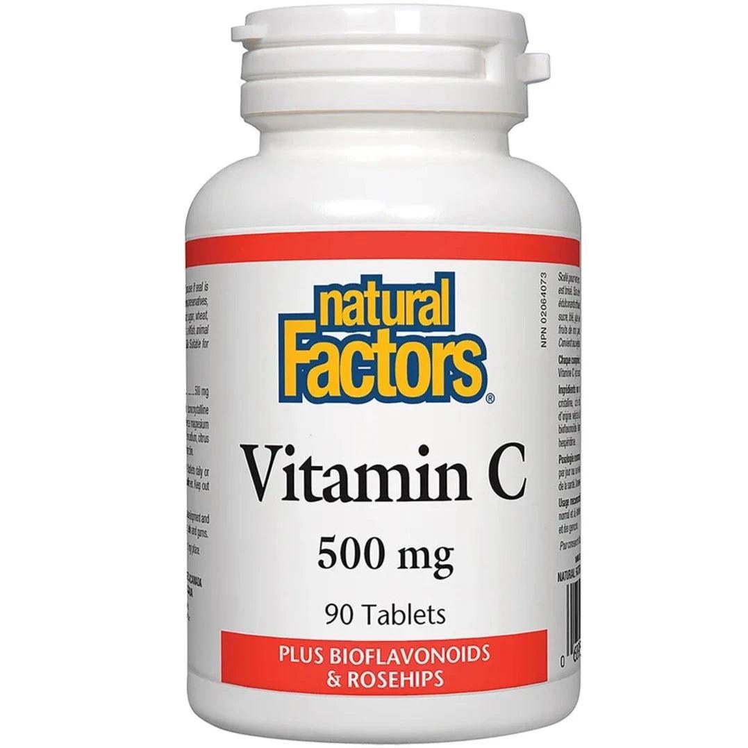 Natural Factors Vitamin C 500mg with Bioflavonoids & Rosehips - 90 Tablets for Immune Support, Antioxidant Protection & Skin Health - Daily Supplement for Adults & Kids