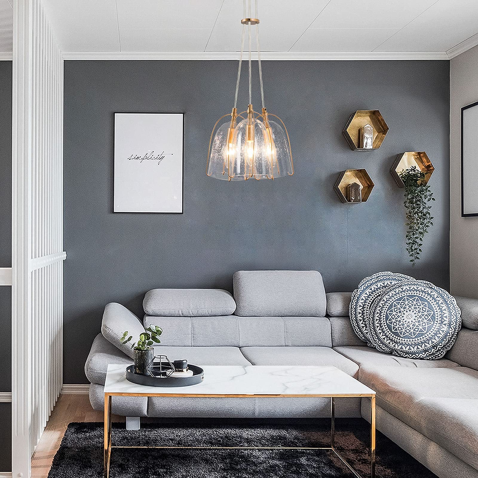 Modern Gold Chandelier - 3-Light Pendant Lighting Fixture with Seeded Glass Shades for Dining Room, Kitchen Island, Bedroom & Living Room | Elegant Ceiling Hanging Light for Home Decor & Interior Design
