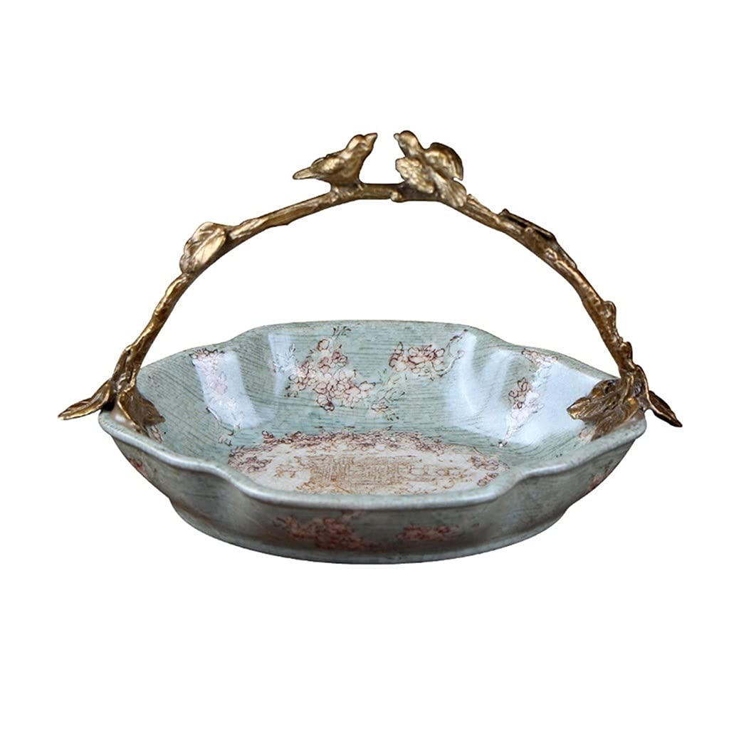 Creative Ceramic Fruit Bowl with Handle - Elegant Dried Fruit Compote Dish for Living Room Decor | Green Decorative Fruit Tray | Perfect for Dining Table Centerpiece & Kitchen Countertop Display