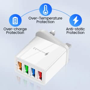 DIYARTS 4-Port USB Wall Charger UK Plug - Fast Multi USB Power Adapter for iPhone, Samsung, Android Smartphones - Perfect for Home, Office & Travel Charging