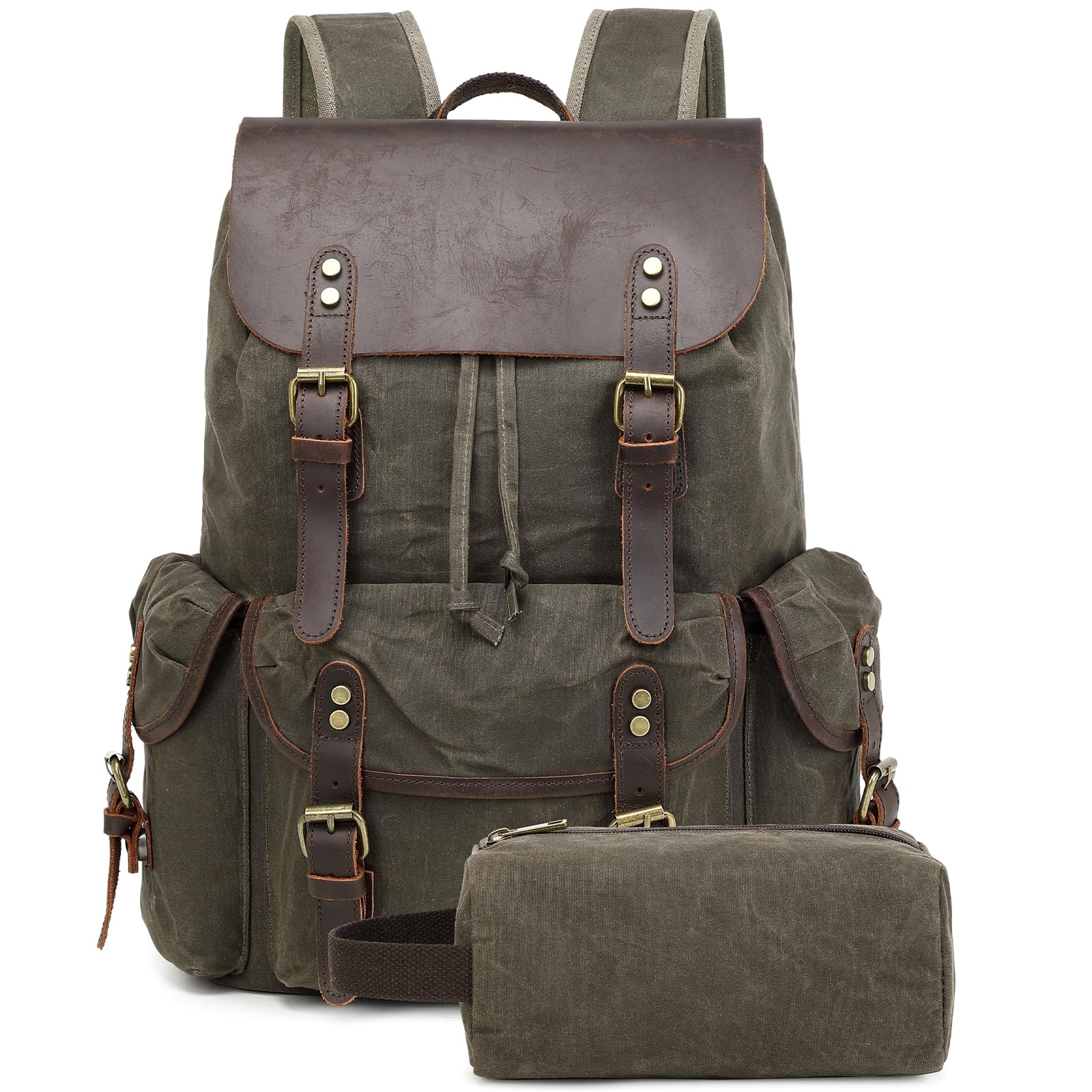**Genuine Leather & Waxed Canvas Vintage Backpack for Men - Durable Shoulder Rucksack with Toiletry Bag - Perfect for Travel, Camping, Hiking & Daily Commute (Army Green)**