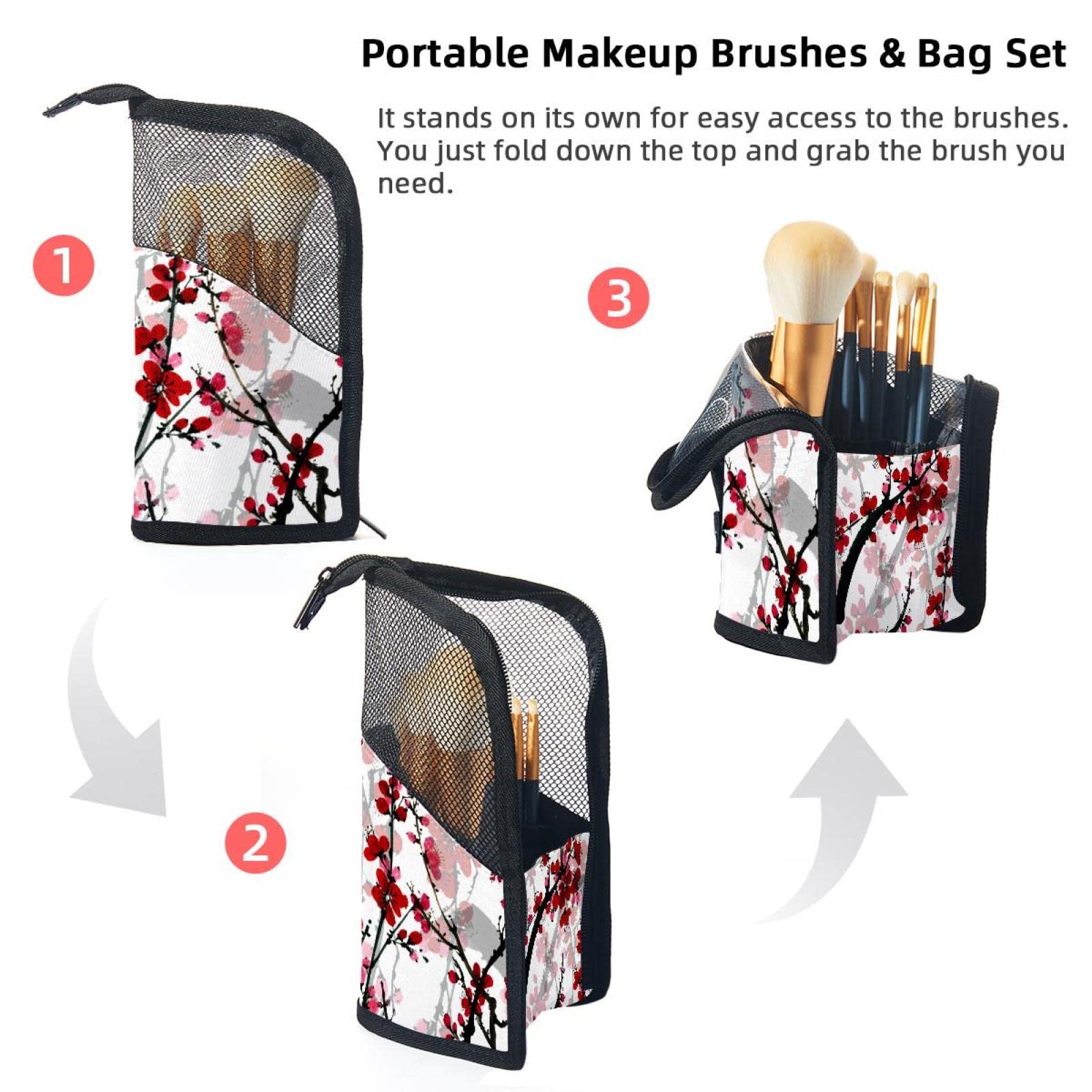 12-Piece Makeup Brush Organizer Bag with Flower Blossom Design - Portable Cosmetic Brush Holder Case for Travel & Home Storage